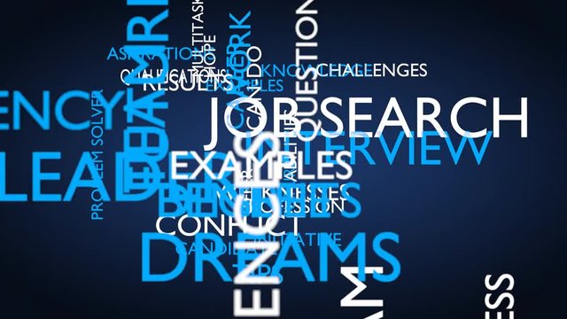 Job search interview word tag cloud. 3D rendering, loop able, blue variant. UHD