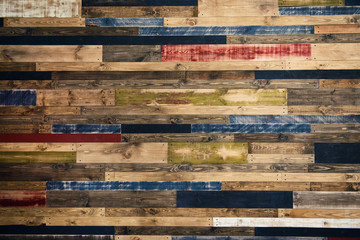 Wall made of multi-colored wooden boards. Abstract grunge wood texture background