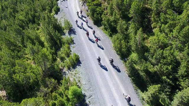 Bikers on mountain road - Aerial view