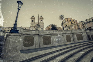 Old photo in vintage style with Spanish Steps from Piazza di Spagna in Rome, Italy