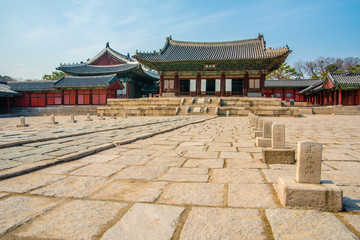 Fototapeta premium It is the Myeongjeongjeon of Changgyeonggung Palace, the palace where kings of Korea saw their work. South Korea, Seoul. ( Sign board text is 