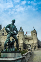 The statue of the mythical giant, Lange Wapper, outside the Het Steen or Stone Castle