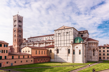Fototapeta na wymiar Facade and bell tower of Lucca Cathedral of St. Martin, Tuscany, Italy 