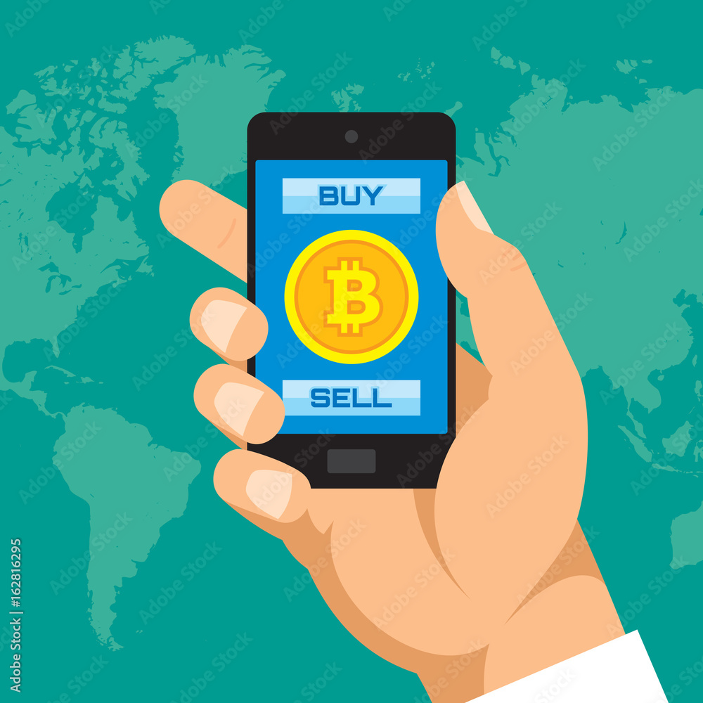Poster digital currency bitcoin in smartphone application - vector concept illustration in flat style. huma