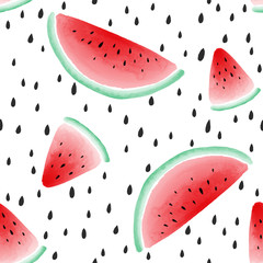 Cute seamless pattern with watercolor styled watermelon slices and seeds on white background. Vector illustration.