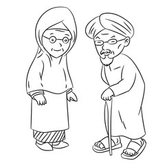  Line Drawing of Elderly Malay Cartoon -Character Vector