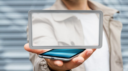 Businessman using digital screens tablet 3D rendering