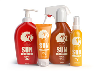 Sun screen cream,  oil and lotion containers. Sun protection and suntan cosmetics isolated on white background.