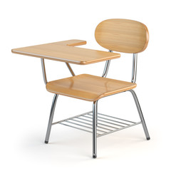 Wooden school desk and chair isolated on white.