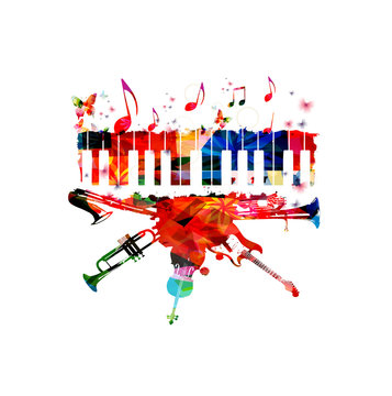 Music poster with music instruments. Colorful euphonium, piano keyboard, saxophone, trumpet, violoncello and guitar with music notes isolated vector illustration design