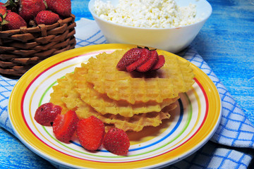 waffles and fruit, strawberries and cherries