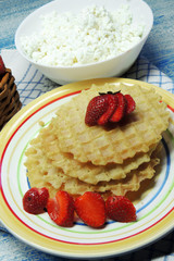 waffles and fruit, strawberries and cherries