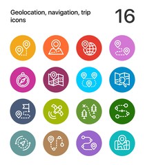 Colorful Geolocation, navigation, trip icons for web and mobile design pack 1