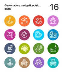 Colorful Geolocation, navigation, trip icons for web and mobile design pack 3