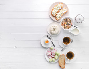 Fototapeta na wymiar Healthy breakfast with toast , cheese, text space, topview