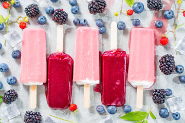 Top view, fresh summer wild blueberries,  brambleberry, strawberry and home made sorbet and yogurt smelted ice cream popsicles