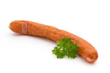 Stack of smoked sausages isolated on a white background.
