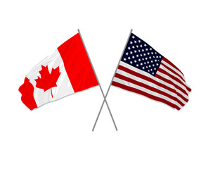 Vector illustration of USA and Canada crossed waving flags and sign or icon of cooperation or globalization of two countries