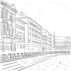 Vector image of hand-drawn black-and-white drawing of the waterfront buildings in the historic center of St. Petersburg. Walk around the city