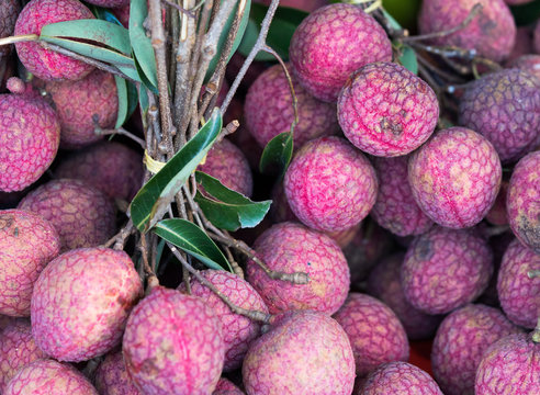 Closeup of fresh Lychee fruit at the outdoor street food market