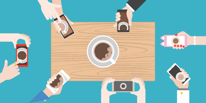 Groups of hands holding smart phone take photo of coffee cup on wooden table, flat design vector of human behavior like to photograph food before eating
