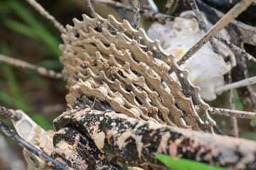Dirty mountain bike covered with mud and dirt