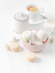 bowl with zefir, white cup of tea