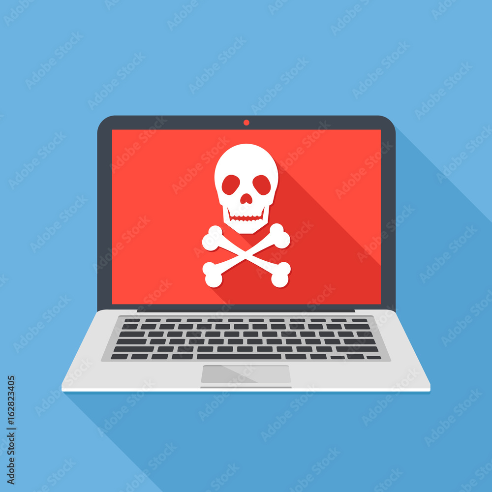 Poster laptop with skull and crossbones. modern notebook and skull icon. virus attack, ransomware, maliciou