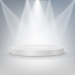 Round podium illuminated by searchlights. Vector illustration.