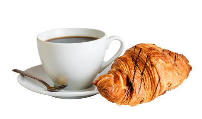 Coffee and croissant isolated on white background. Selective focus