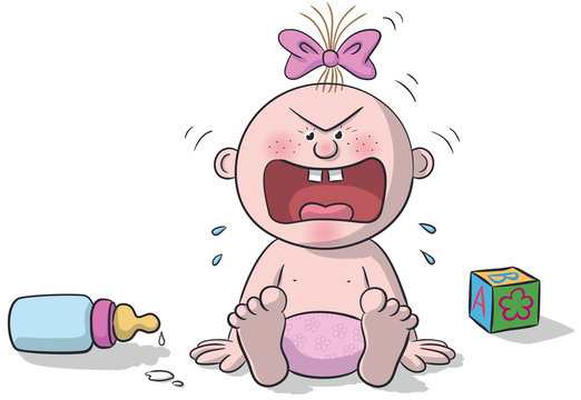 Illustration of sitting baby, very angry with baby bottle