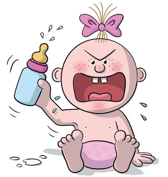 Illustration of sitting baby, very angry with baby bottle