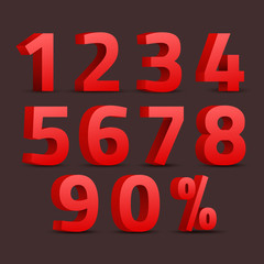 Set of 3D red numbers sign. 3D number symbol with percent discount design