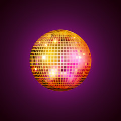 Disco ball isolated illustration. Night Club party light element. Bright mirror golden ball design for disco dance club