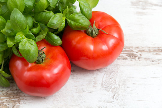 fresh tomatoes with basil on white wooden background