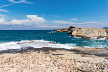 Fototapeta na wymiar Agios Konstantinos, rocky and quiet beach in the north side of the Milos island. Cyclades, Greece.