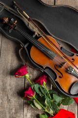 Naklejka na ściany i meble Red roses and a violin