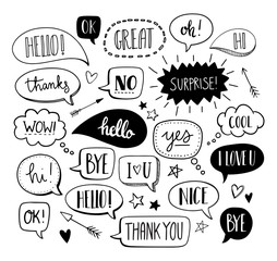 Hand drawn set of speech bubbles with dialog words: Hello, Love, Bye, Hi, Thank you, Sale, Yes, No, I love you, Nice, Cool. Vector doodle illustration.