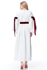 Beautiful sexy pretty fashion model blond hair woman wear style for party office clothes organic natural silk dress strips bow white background makeup lady designer collection.