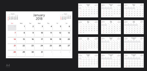 Vector design template of calendar planner for 2018 year. - obrazy, fototapety, plakaty