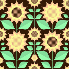 Seamless vector pattern with sunflowers in retro style. 