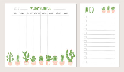 Weekly planner and to do list with cactus illustration. Vector.