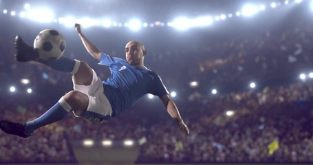 4k footage of a soccer player in dramatic play during a soccer game on a professional outdoor soccer stadium. Players wear unbranded uniform. Stadium and crowd are made in 3D. - Powered by Adobe