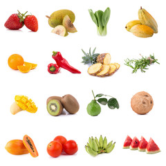 Fresh fruits and vegetables isolated on white background