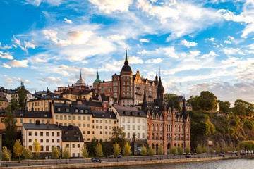 Waterfront of central part of Stockholm with Mariahissen building. Sunset time.