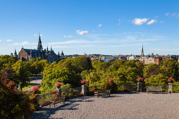 Obraz premium Aerial view of the Nordic Museum in summer sunny day with beautiful terrace at the foreground