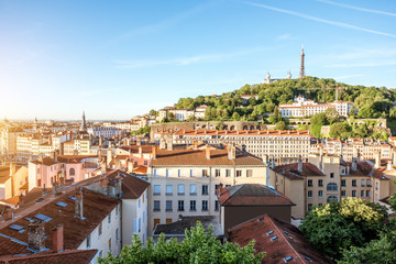 Fototapeta na wymiar Morning aerial cityscape view with beautiful old buildings in Lyon city in France