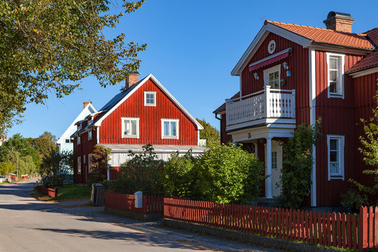 Red Swedish typical house in small town Hedemora