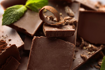 Dark chocolate pieces, closeup