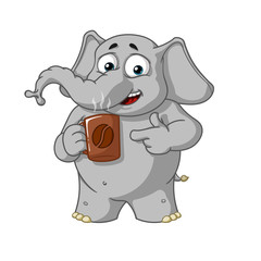 Elephant. Character. Coffee break. Offers a cup of coffee. Big collection of isolated elephants. Vector, cartoon